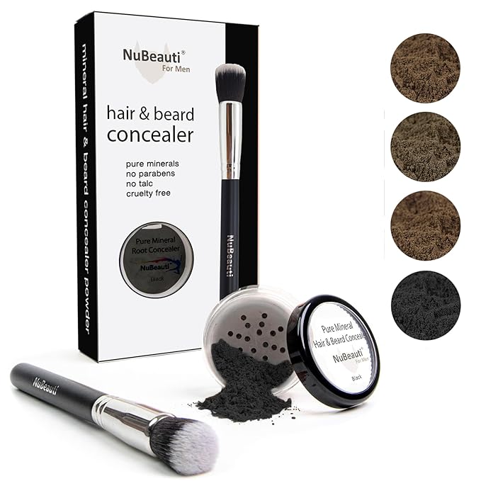 Men?™s Beard Mustache &amp Hair Root Touch Up Powder ? Bald Spot Cover Powder ? No Fragrance Talc or Parabens ? Hair Cover Hairline Powder by NuBeauti (Black With Brush)