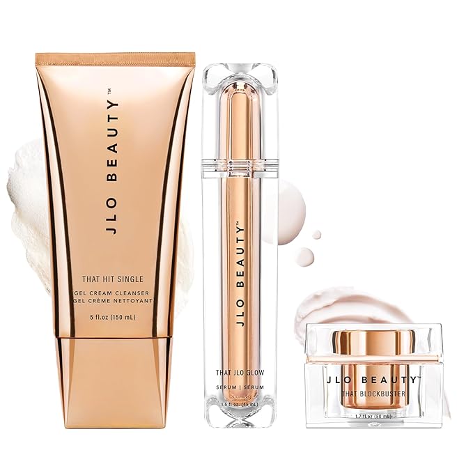 JLO BEAUTY Starter Skin Care Kit 3 Piece Facial Set with Face Wash Serum &amp Face Moisturizer Daily Skin Care Routine For Women Includes 5 Oz Facial Cleanser 1.5 Oz Serum 1.7 Oz Moisturizer Cr
