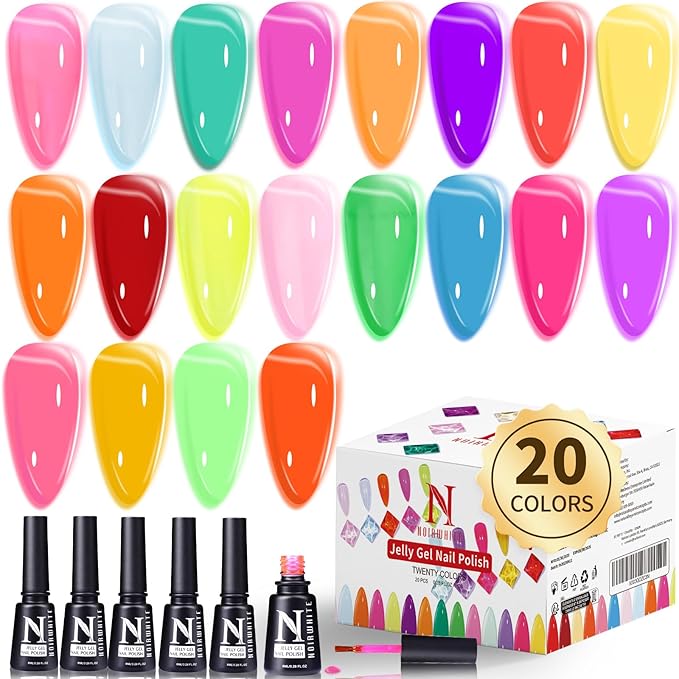 Jelly Gel Polish 20 Colors Trendy Neon Jelly Gel Nail Polish Kit Glossy Crystal Transparent Gel Polish Nude Pink Purple Green Blue Yellow Red Colors Nail Polish Set Soak Off UV LED