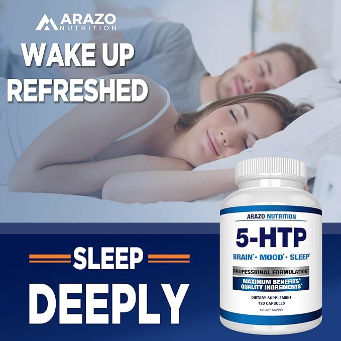 5-HTP 200 MG Plus Calcium for Mood Sleep ? Supports Calm and Relaxed Mood ? 99% High Purity ? 120 Capsules ? Arazo Nutrition
