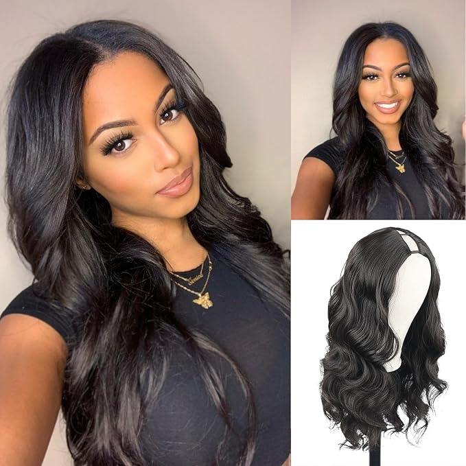 KRSI Natural Black V Part Wig Curly Wavy Upgrade U Part Wig Thin Leave Out Clip in Half Wigs Scalp Protective Glueless Synthetic V Part Wigs for Black Women