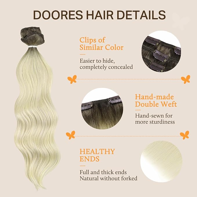 DOORES Clip in Human Hair Extensions Light Ash Brown to Ash Blonde 100g 7pcs 14 Inch Remy Hair Extensions Straight Natural Thick