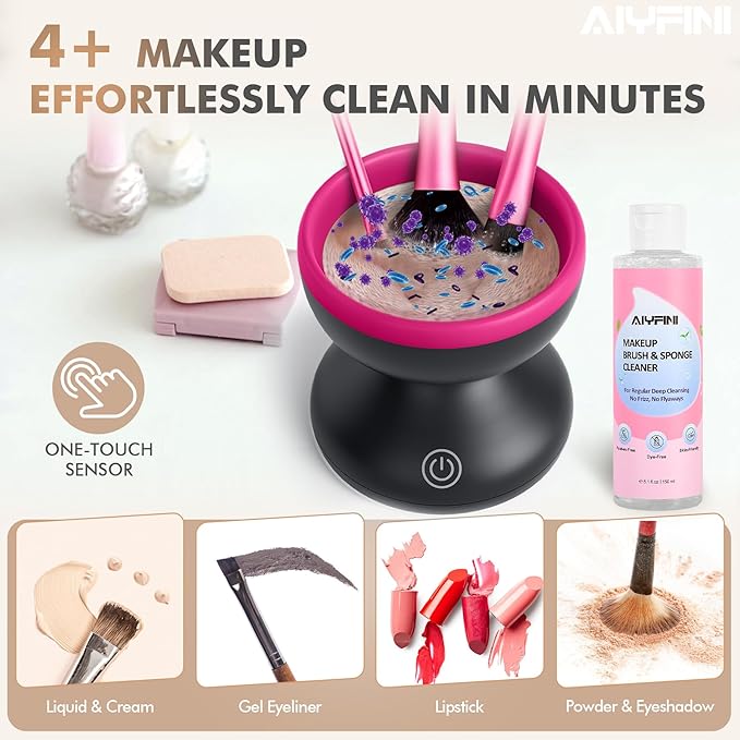 Alyfini Electric Makeup Brush Cleaner Machine Powerful Friction Removes Residue on Make up Brushes Set/Sponge/Powder Puffs Efficient Cleaning Portable Spinning Washer Save Cleanser &amp Shampoo