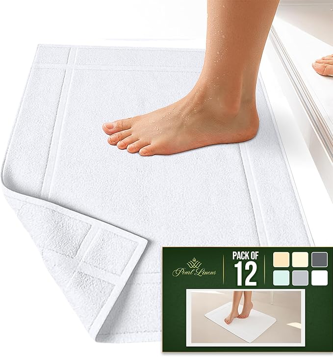 Pearl Linens Pack of 12 100% Cotton Bath Mat 20x30 inches Soft &amp Absorbent Quick Dry Bathroom Mat Set Not Bathroom Rugs After Shower Mat Bath Tub Mat 687 GSM Machine Washable White