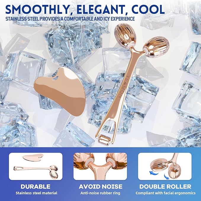 Yeamon Gua Sha Facial Tools and Face Roller Set Facial Massage Tool for Women?™s Skincare RoutineCooling Stainless Steel Face Sculpting Eyes Roller Guasha for Daily Use or Self-Care Gift for Women