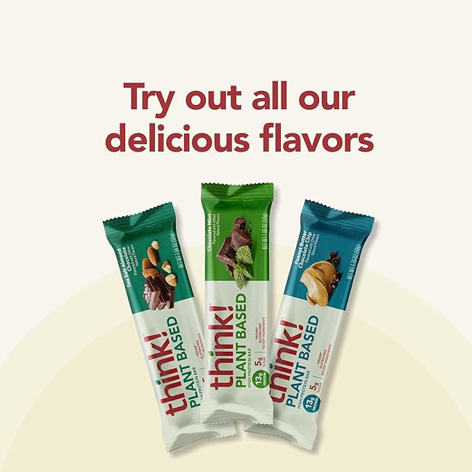 think! Vegan/Plant Based High Protein Bars - Peanut Butter Chocolate Chip 13g Protein 5g Sugar No Artificial Sweeteners Non GMO Project Verified 10 Count (Packaging May Vary)