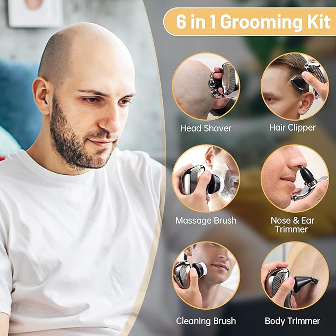 Head Shavers for Bald Men: - Electric Head Shavers for Men Wet&ampDry Waterproof Cordless Electric Razor 6-in-1 Rotary Shaver Grooming Kit with Nose Beard Trimmer Hair Clipper