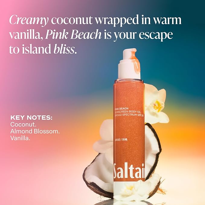 Saltair SPF Body Oil - Broad Spectrum SPF 50 PA++++ Sunscreen. Lightweight Dry Oil with Sun Protection and Moisturizing Kukui &amp Mongongo Extracts. Pink Beach Scent 4floz Vacation Essential