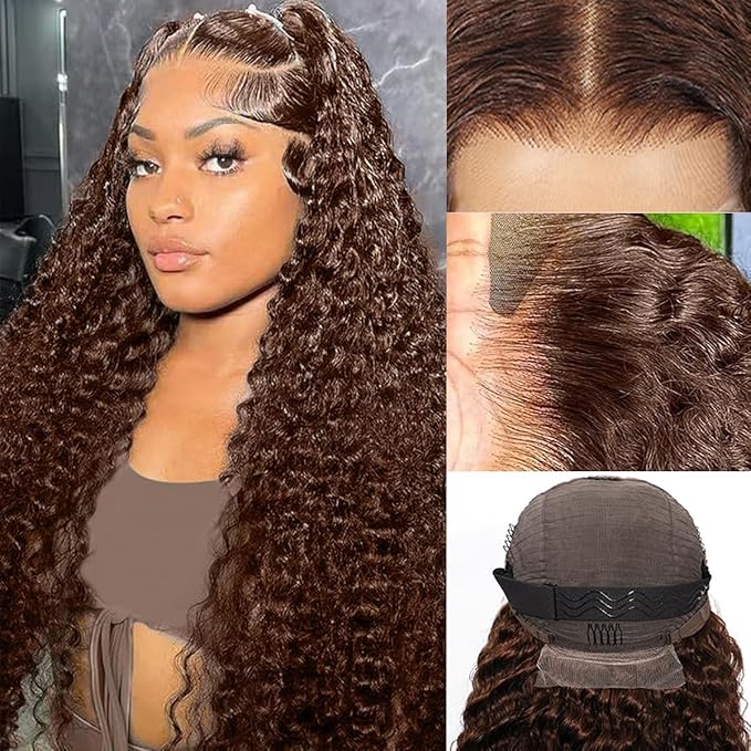 GOLFMAX 32 Inch Chocolate Brown Lace Front Wig Human Hair 200 Density 13x6 HD Deep Wave Lace Front Wigs Human Hair Colored Deep Curly Lace Frontal Wigs Glueless Wig Brown Wig Wigs for Women