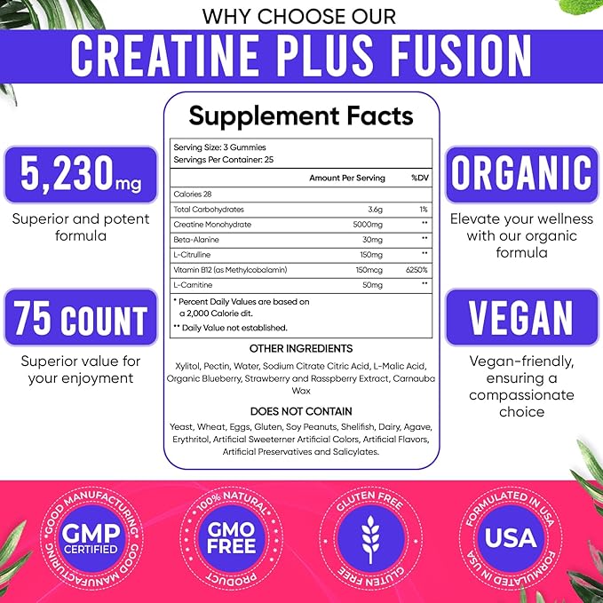 Adndale Creatine Gummies for Women &amp Men 5000mg per Serving Creatine Monohydrate Supplement with Beta-Alanine L-Citrulline &amp B12-75 Vegan Gummies. Sugar-Free