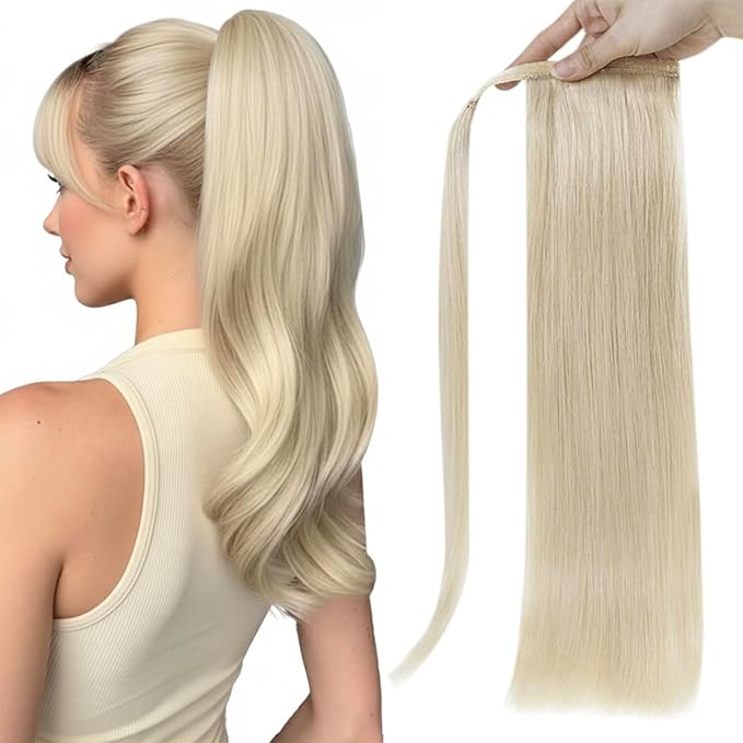 Full Shine Human Hair Ponytail Extension Platinum Blonde Ponytail Extension Blonde Human Hair Straight Remy For Women 70 Grams 14 Inch