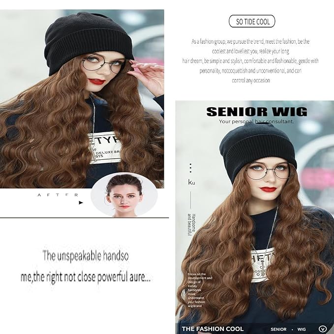 Women Winter Beanie Hat Wig Knit with Long Straight/Wig Wavy Curly Hair Wig Attached 23.6 Inch Synthetic Hairpiece