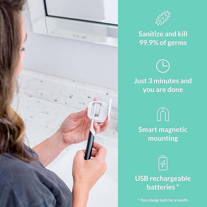 Bril UV-C Toothbrush Sanitizer Portable Cleaner Travel Cover Magnetic Holder and Rechargeable Case for Any Size Toothbrush White