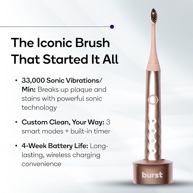 Burst Original Sonic Electric Toothbrush for Adults (Rose Gold) | Soft Bristle Clean Deep Stain &amp Plaque Removal | 3 Modes: Teeth Whitening Sensitive &amp Massage