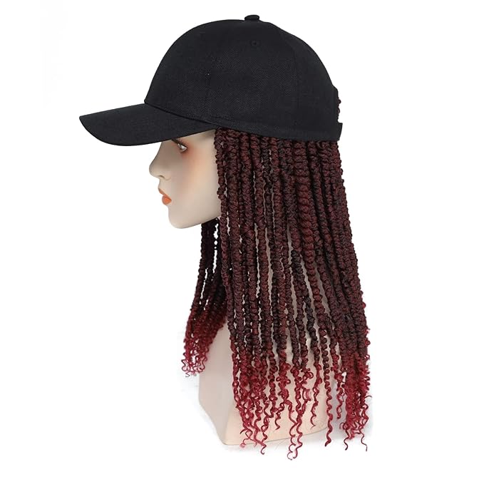 Hat Wig Baseball Cap with Short Pre-Twisted Passion Twist Hair Extensions Synthetic ombre Black Burgundy Small Curly Ends Bomb Twists Adjustable Black Hat Wig for Black Women (12inch TBUG)