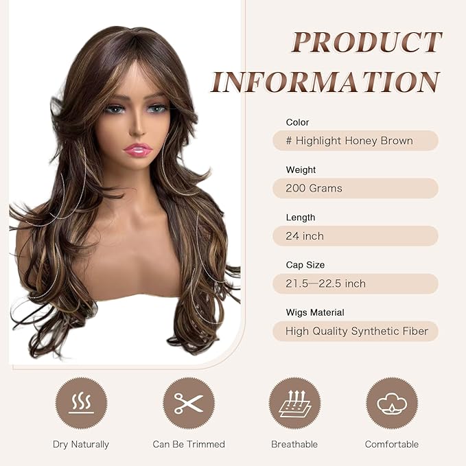 Highlight Dark Brown Mix Honey Blonde Long Layered Wavy Wigs with Bangs for Black White Women Synthetic Highlight Brown Layered with Curtain Bangs Wig Body Wave Shaggy Hair for Daily Use 24Inch