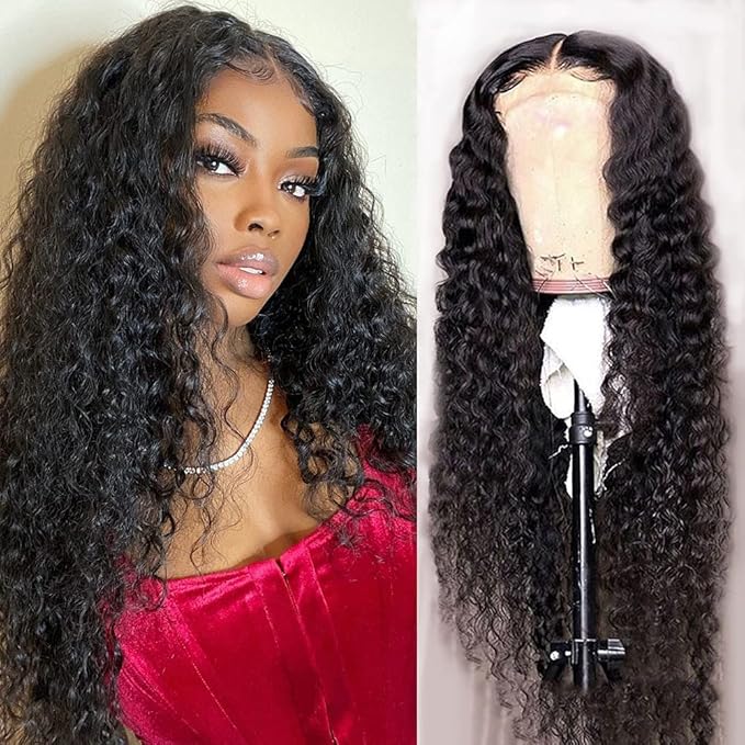 Metamuclia Water Wave 4x4 Lace Front Wigs Human Hair Pre Plucked 180% Density Brazilian Virgin Wet and Wavy Wigs for Women Curly Wig with Baby Hair Natural Color 24 Inch