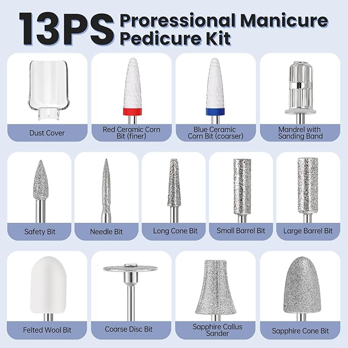 Electric Nail Drill Cordless 2000 mAh Rechargeable Portable Nail File 12 in 1 Kit for Thick Toenails 10 Speeds Nail Dril Machine Professional Manicure Pedicure for Hand Natural Nails Care (Grey)