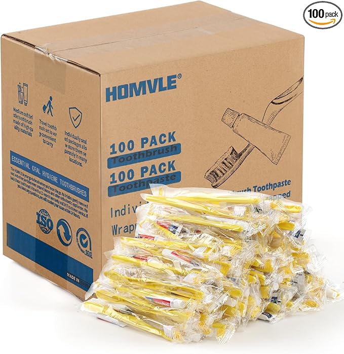 Homvle Disposable Toothbrushes with Toothpaste - 100 Packs Individually Wrapped Travel Toothbrushes Bulk Medium Soft Bristles Perfect for Travel Size Toiletries OCC Airbnb Dentist Office