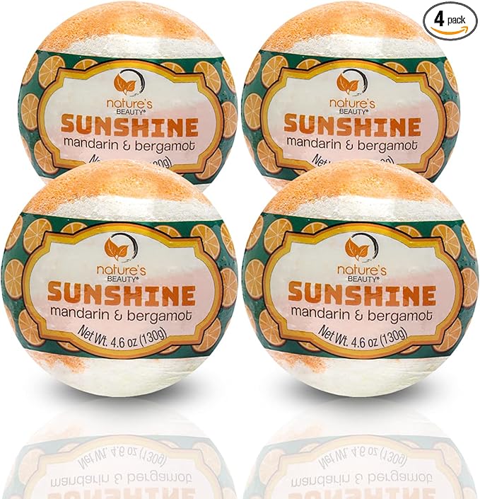 Nature's Beauty Sunshine Mandarin &amp Bergamot Bath Bomb Multi-Pack - Natural Hand Crafted Non-Staining Luxury Fizzy Spa Bomb Nourishe Dry Skin Made w/Coconut Oil + VIT. E 4.6oz (4 Pack)