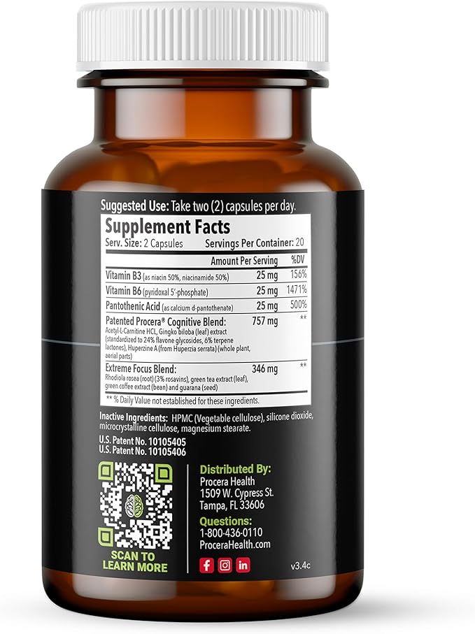 Procera XTF - Perfect Study Aid - Immediate Results - Improved Focus &amp Memory Retention - Increased Oxygen &amp Blood Flow - Mental Clarity - Energy Boost - Slow Cognitive Decline - 40 Count
