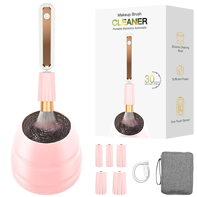 Electric Makeup Brush Cleaner Machine -15000RPM Fast Deep Cleaning and Dry Make Up Brushes Efficient Cleaning With Storage Cas Portable Spinning Washer gift for women- pink