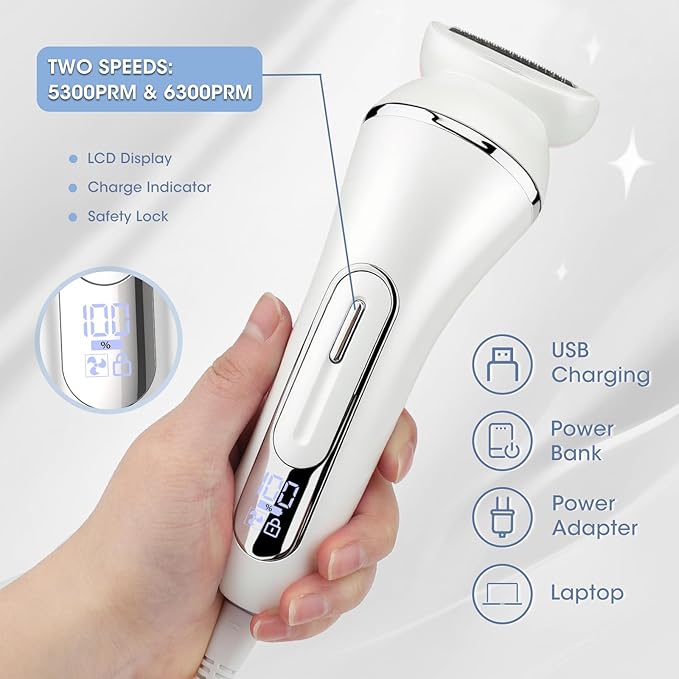 Electric Shavers for Women 7 in 1 Hair Removal Kit with Epilator Bikini Trimmer Face Razor Body Brush Face Massager Foot Callus Remover IPX7 Waterproof Lady Razors Set for Legs Armpit Bikini Pubic