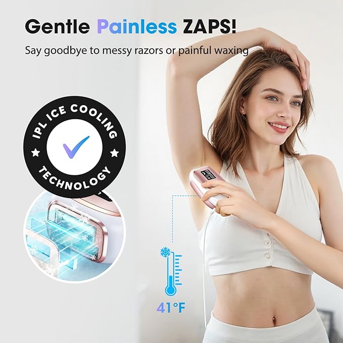 Laser Hair Removal Device at-Home IPL Hair Removal for Women &amp Men - Safe 45°F Ice-Cooling Contact for Painless &amp Long-Lasting Results 86% Hair Reduction in 3 Weeks for Full Body Gold/White