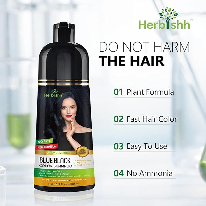 Herbishh Blue Black Hair Color Shampoo - 3-In-1 Magic Dye for Gray Hair 500 Ml + Essential Flower Hair Oil - Organic Formula for Dry Damaged Hair 60 ML