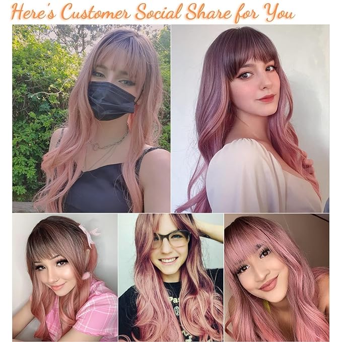 Honygebia Pink Wigs with Bangs - Long Ombre Pink Wigs for Women Light Wavy Heat Resistant Hair Pink Synthetic Dark Root Natural Looking - Best Wig for Halloween/Christmas/Cosplay/Party