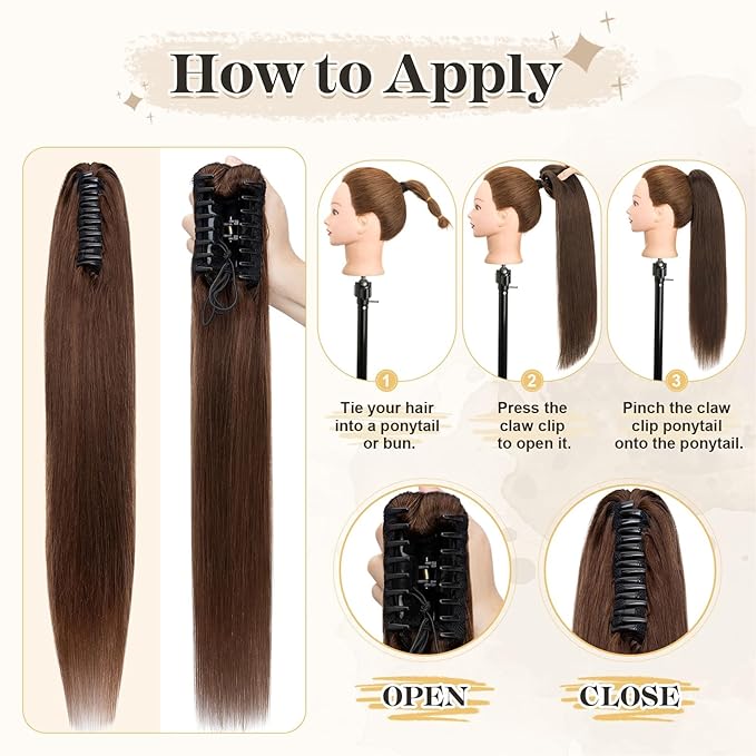 Human Hair Ponytail Extension with Claw Clip Natural Look Soft Ideal for Dates Weddings Parties Gifts - 22 inches 120g Medium Brown