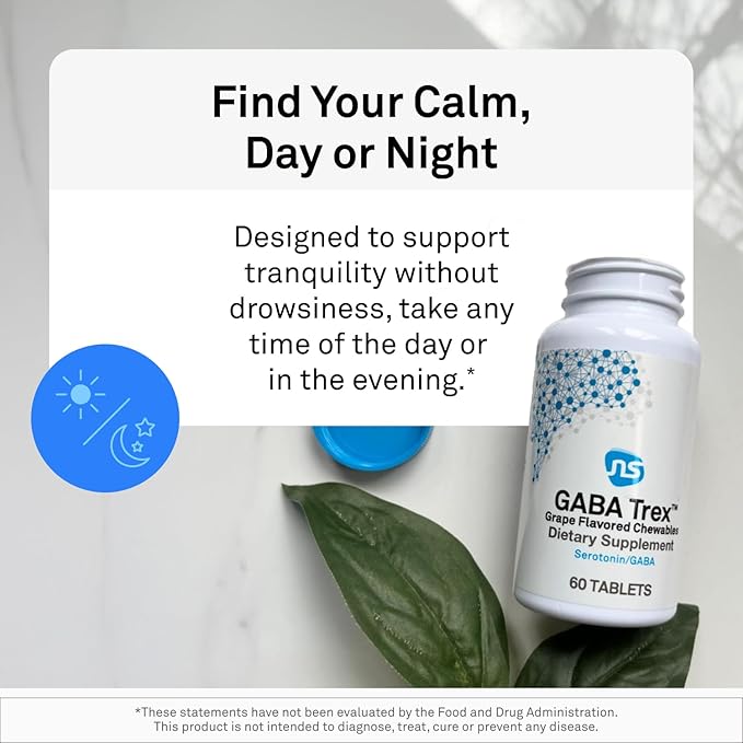 NeuroScience GABA Trex L Theanine Supplement - Calm Aid for Daytime Stress Support &amp Evening Relaxation - Chewable Grape-Flavored Tablets - Vegan &amp Non-GMO (60 Tablets)