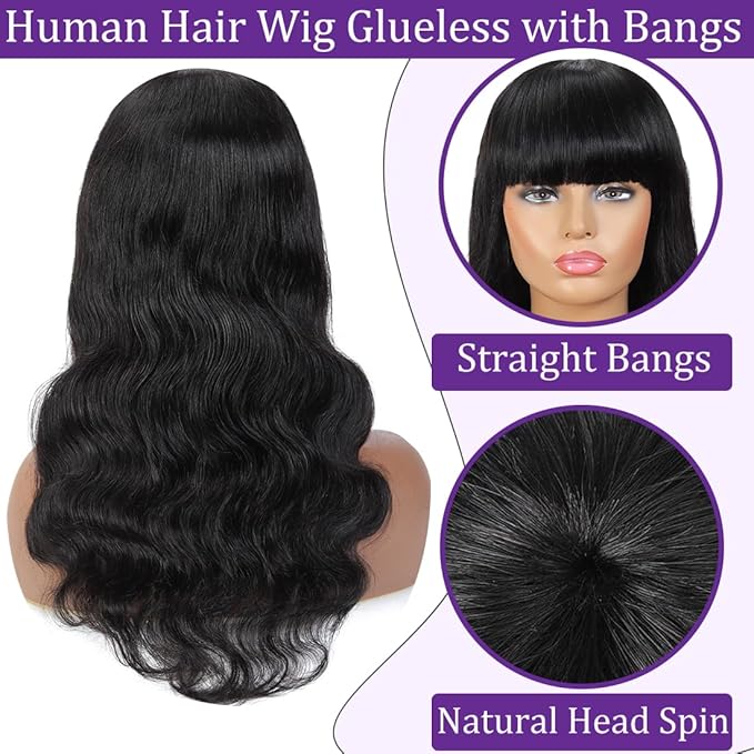 Body Wave Wigs With Bangs Human Hair For Black Women 16Inch None Lace Front Wigs 150% Density Brazilian Virgin Hair Glueless Human Hair With Bangs Natural Color Body With Bangs
