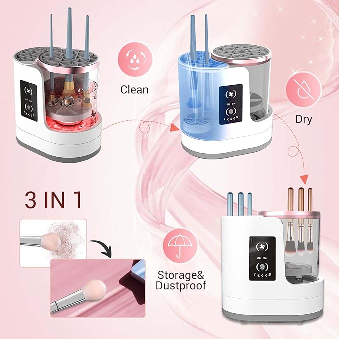 3 IN 1 Electric Makeup Brush Cleaner Machine With Makeup Brush Dryer Holder Portable Automatic USB Cosmetic Brushes Cleaner Tool for All Size Beauty Makeup Brush SetContour Eyeshadow Blush Brush