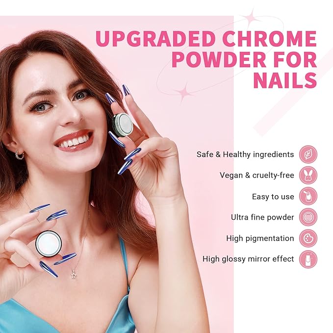 SAVILAND Chrome Nail Powder Set: 48 Colors Metallic Mirror Effect Chrome Nail Powder for Gel Polish Aurora Holographic Silver Gold Nail Chrome Powder for Gel Nails Art Decoration &amp French Manicure