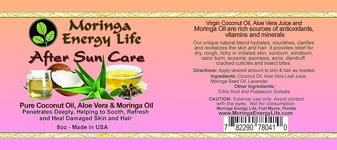 Moringa Energy Life After Sun Care Oil 8 oz Soothes Skin from Sun Exposure with Coconut Oil Aloe Vera Juice Moringa Oil for Skin and Hair