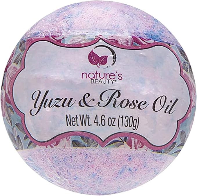Nature's Beauty Yuzu &amp Rose Oil Bath Bomb Multi-Pack - Natural Hand Crafted Non-Staining Luxury Fizzy Spa Bomb Nourish Dull + Dry Skin Made w/Coconut Oil + Witch Hazel 4.6 oz (4 Pack)