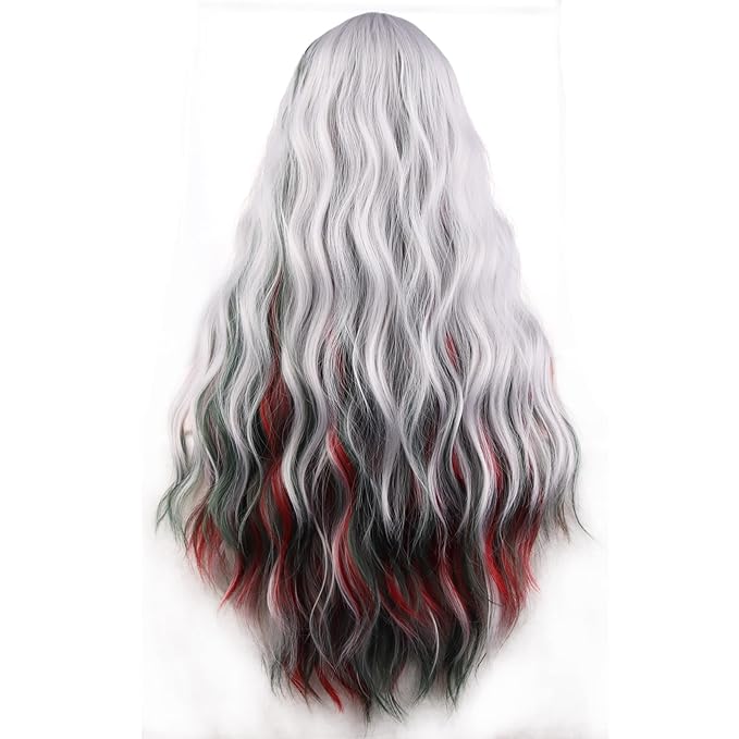 BERON Silver and Red Green Wigs Curly Wavy Women Wigs with Bangs Mixed Color Heat Resistant Synthetic Wig for Christmas Cosplay or Daily Wigs Wig Cap Included