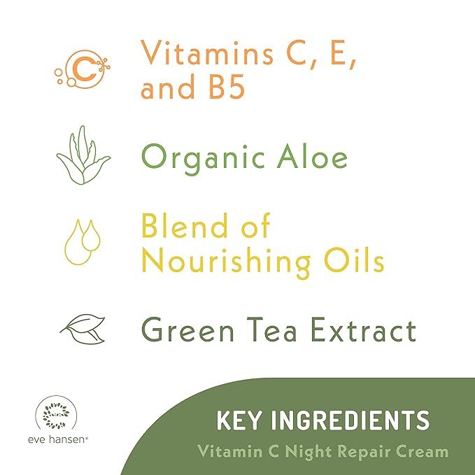 Eve Hansen Vitamin C Night Cream for Face and Neck - Hydrating Brightening Anti-Aging Moisturizer for Mature Dry Skin - Non-Greasy - 2 oz