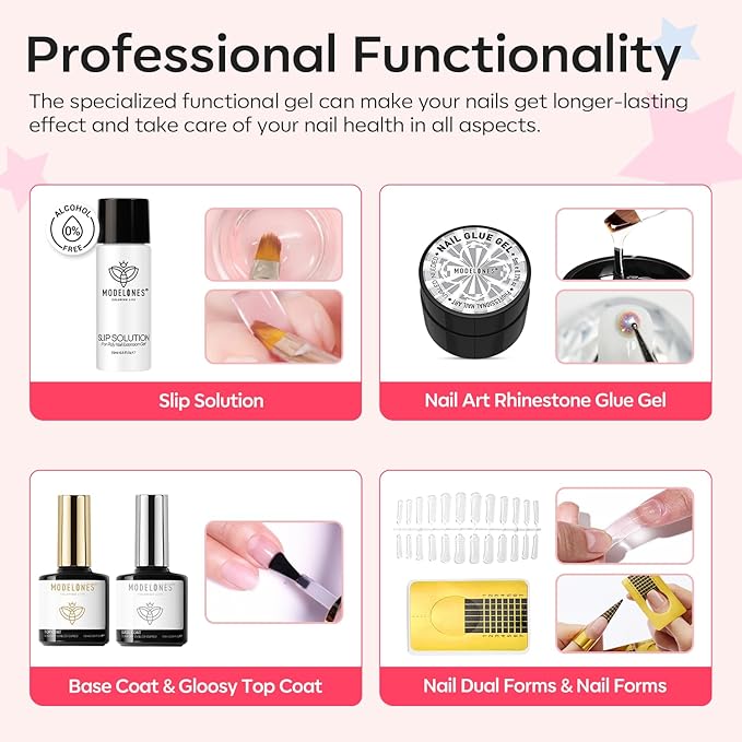 Modelones 133pcs Poly Nail Gel Kit 32 Colors Spring Pink Pastel Poly Extension Gel kit with Nail Lamp Base Top Coat Slip Solution Builder Enhancement Manicure Tools for Starter Supplies