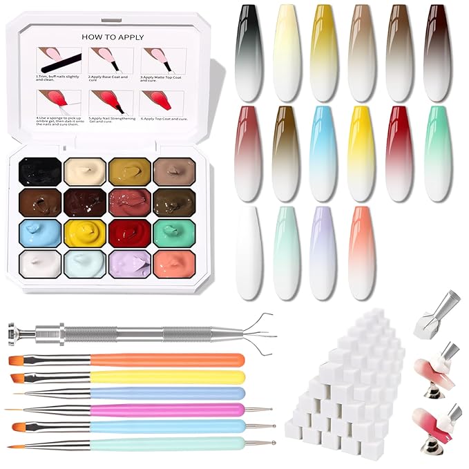 Sponge Pat Paint Nail Gel Ombre Nails Gradient Gel Nail Blush Blooming Aura Nails Drawing Stripper Floral Painting DIY Nail Art No Wipe UV/LED Curing (16 Colors H)