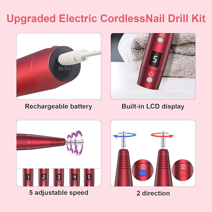 PELCAS Electric Nail Drill Cordless LCD Nail File Kit 5 Adjustable Speeds 20000RPM Drill Nails Machine for Acrylic Gel Nail Manicure Pedicure Grinder Tool