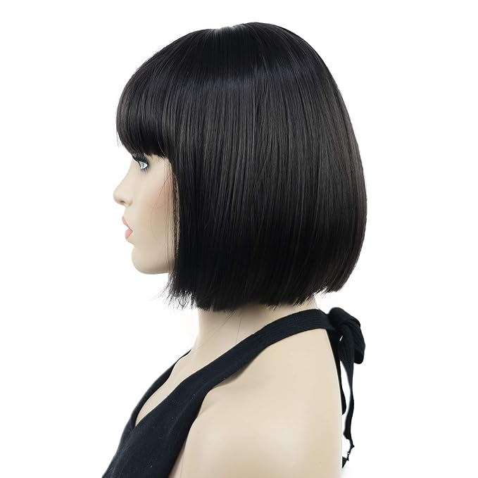 Lydell 8 Straight Short Bob Hair Flat Bangs Cute Central Dot Skin Top Heat Resistant Synthetic Wigs (4 Dark Brown)