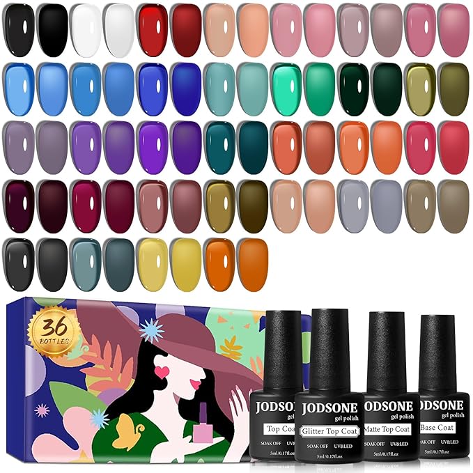 JODSONE Jelly Gel Nail Polish Kit 32 Classic Colors Crystal Transparent High Shine Base &amp Top Matte Glitter Coat