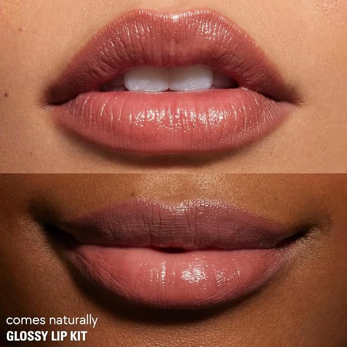 KYLIE Glossy Lip Kit contoured shades + glossy finish | Color Comes Naturally a Soft Pink Nude - 2 piece Liner and Glaze Set 0.04oz Crayon | 0.10 fl oz Gloss
