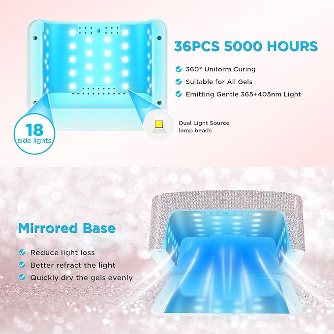 Aedavey Cordless UV Nail Lamp Rechargeable UV Light for Gel Nails LED Nail Lamp with 4 Timer Modes Gel Nail UV Light Decorate with Sparkling Nail Rhinestones (Sparkly White)