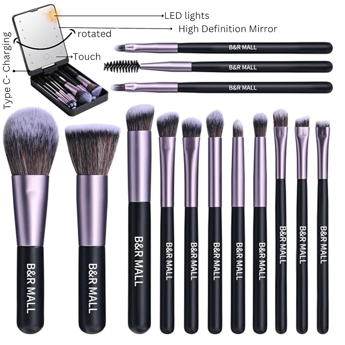B&ampR MALL Makeup Brush Set with LED Mirror ? Supper soft Brushes for Flawless Foundation Concealer Eyeshadow &amp More | Lightweight Versatile Perfect for On-the-Go Touch-Ups (Purple Black)
