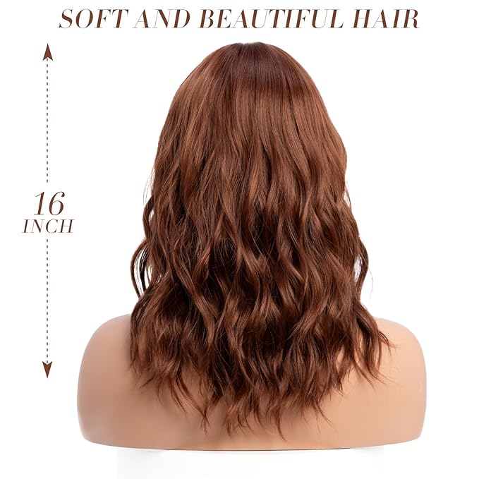 Medium Length Warm Ginger Wavy Wigs for Women 16 Inch Dark Auburn Wavy Wig Natural Looking Synthetic Heat Resistant Fiber Wig for Daily Party Use (16 inch)