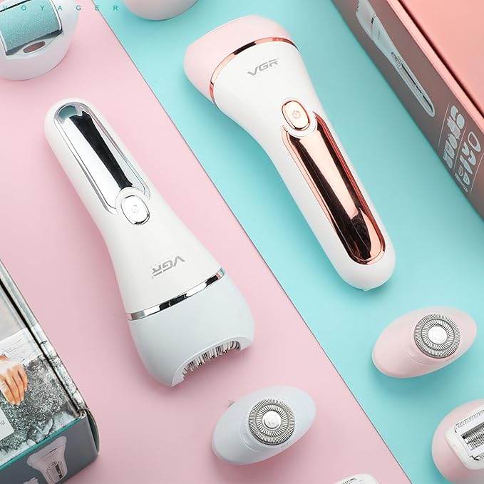 VGR 733 Epilator Hair Removal for Women 6-in-1 Cordless &amp Rechargeable Lady Electric Shaver IPX7 Waterproof Hair Removal Device Wet and Dry Bikini Trimmer for Face Leg Armpit Pink
