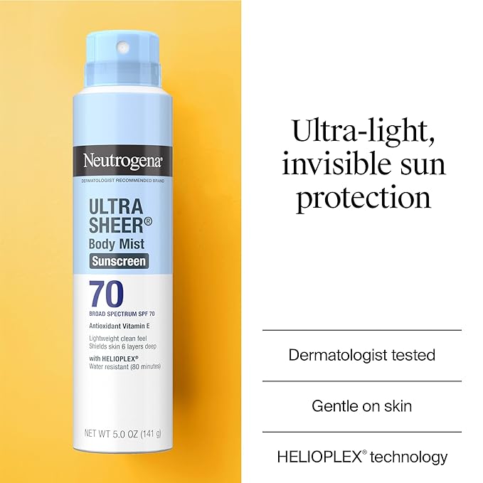 Neutrogena Ultra Sheer Body Mist Sunscreen Spray Broad Spectrum SPF 70 Lightweight Spray Sunscreen Non-Greasy &amp Water Resistant Oil-Free &amp Non-Comedogenic UVA/UVB 5 oz Pack of 3